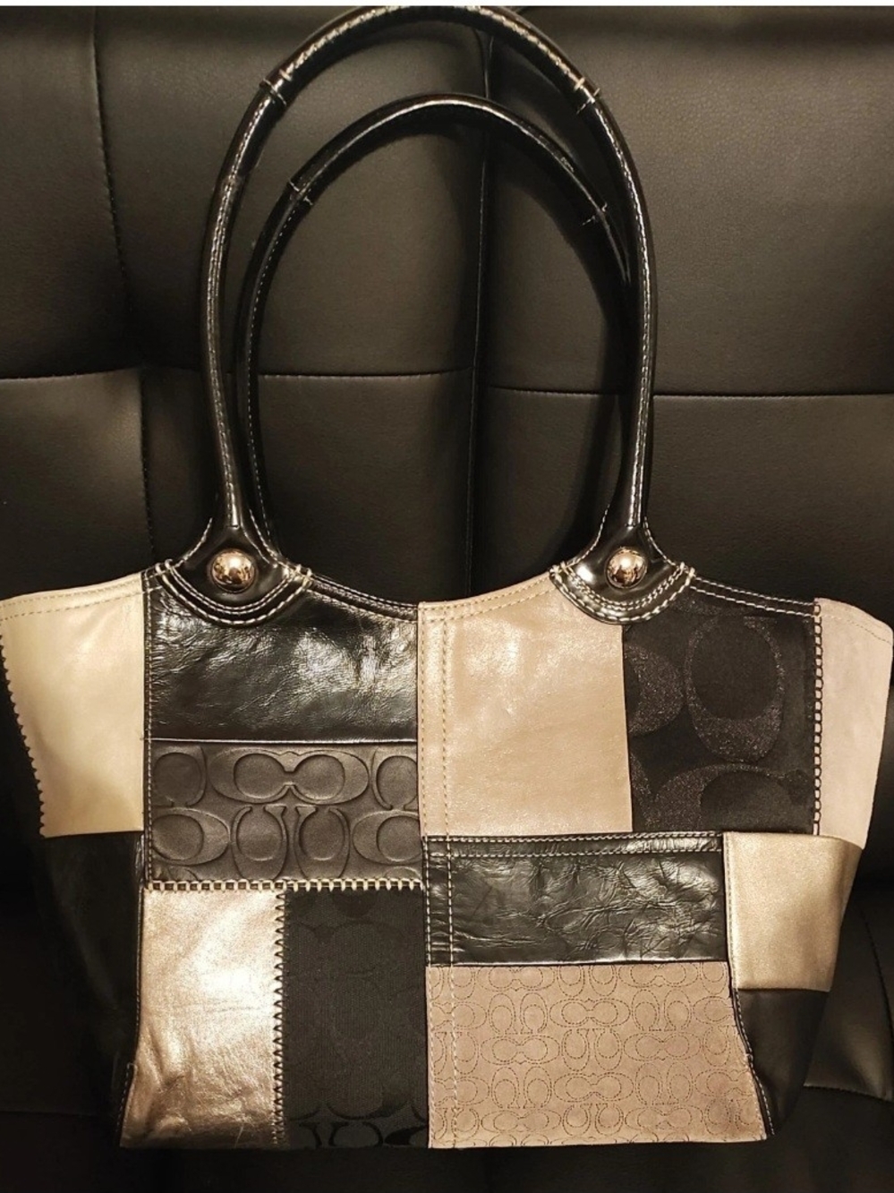 Coach Bleecker Legacy Tote Bag Women Black Gray Beige Leather  Patchwork